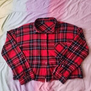 Red and Black Plaid Flannel Cropped Shirt Size Large